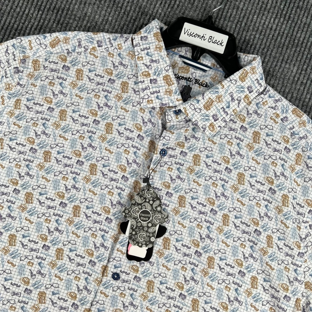 Visconti Black Shirt Mens 2XL XXL White Geometric Short Sleeve Button Up New